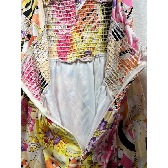 Vintage Cache Silk Floral Bubble Hem Halter Smocked Mini Dress Womens Large / XL - Picture 5 of 12